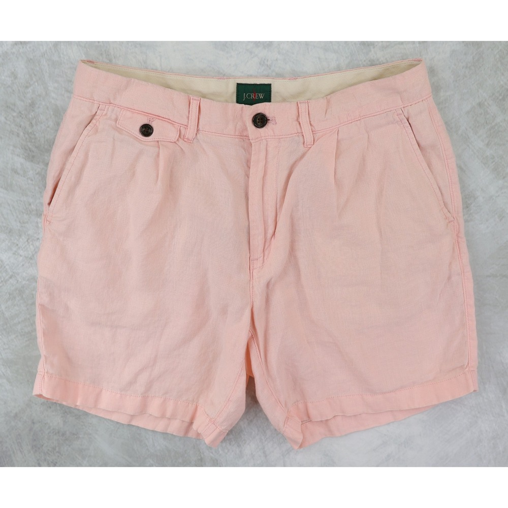 J. Crew‎ Oarsman Pleated Linen Shorts Mens 32 Pink Single Pleat Summer 7" Inseam